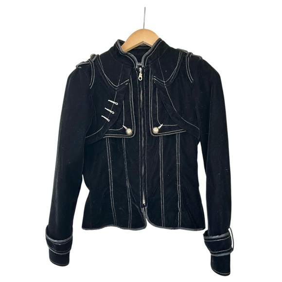 Aziz Black Velvet Military Style Jacket Zip Front Epaulets Bronze Buttons Small - Picture 8 of 14